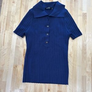 Merokeety Navy Ribbed Knit Short Sleeve 1/4 button Size L